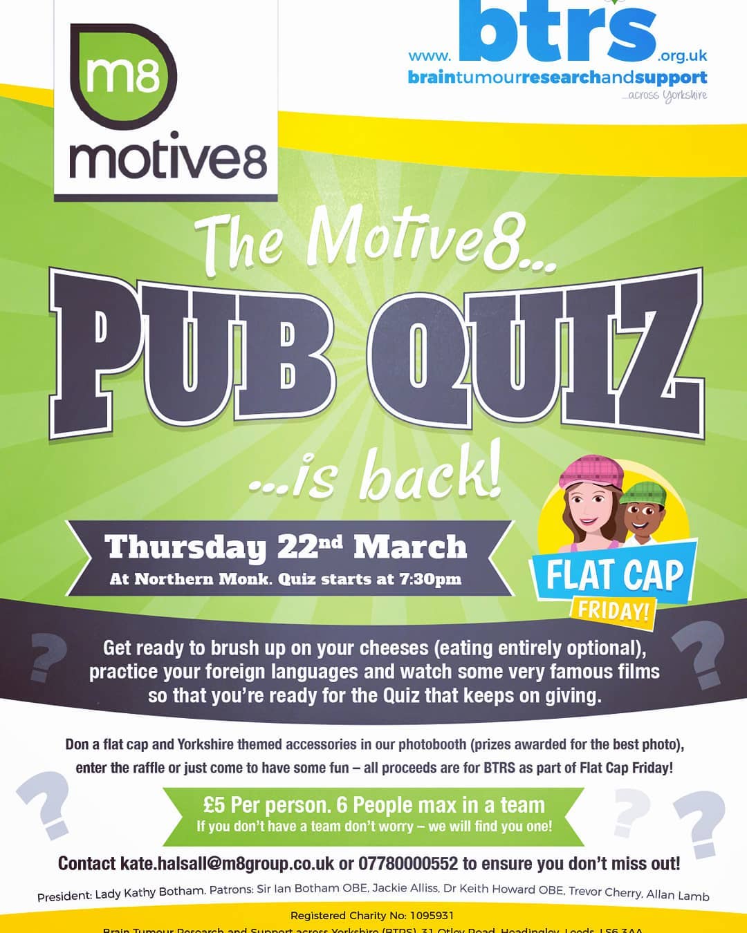 We’re excited to announce the return of the Motive8 Pub Quiz on March 22nd! This year we’re supporting @btrsacrossyorks with their #flatcapfriday campaign with our #Yorkshire themed photo booth. The lovely guys at @northernmonk are letting us host it there. Join us! #charity #pubquiz #northernmonk #raffleprizes #gottobeinittowinit #excited #loveagoodquiz