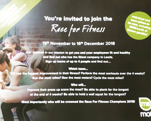 RACE FOR FITNESS IS BACK! Teams of 4 battling it out for 4 weeks to be crowned the champions. #gottobeinittowinit #raceforfitness #motive8north #gymlife #friendlycompetition #leedsgym #excited